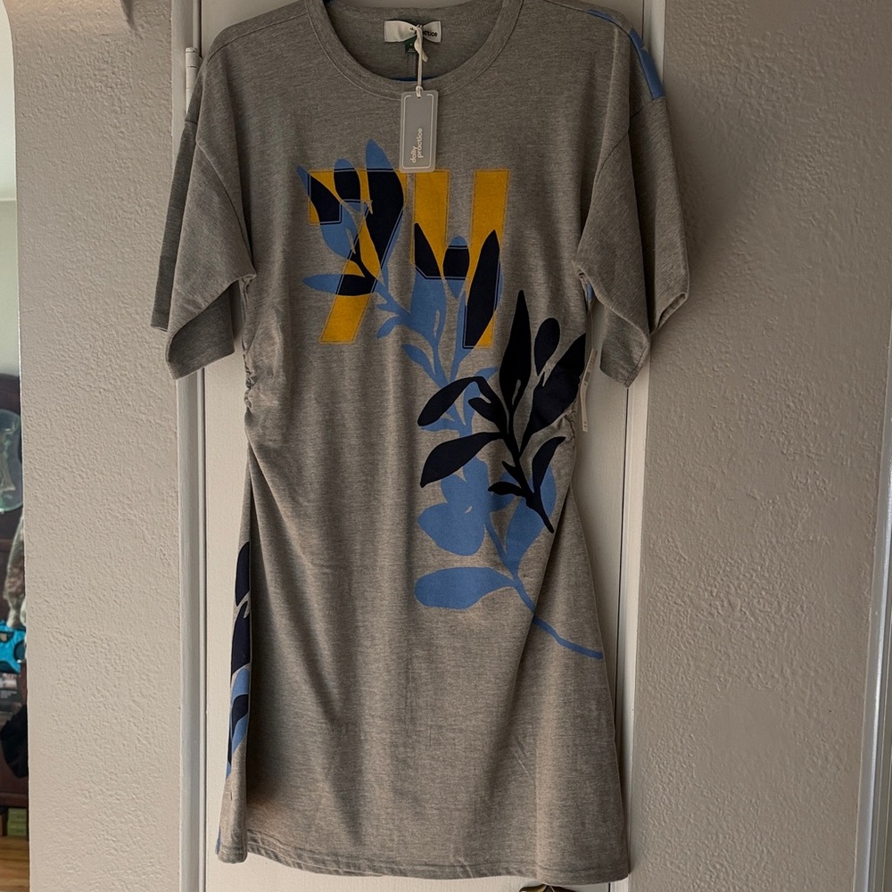 Anthropologie Daily Practice Stylish Gray Dress with Blue and Yellow Accents